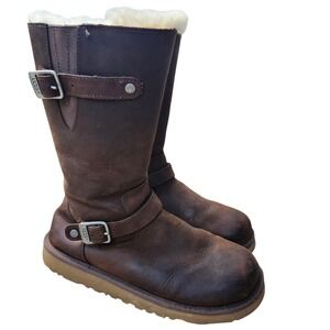 UGG Australia Boots Brown Leather Buckle Strap Shearling Lined Womens 05 Girls 3